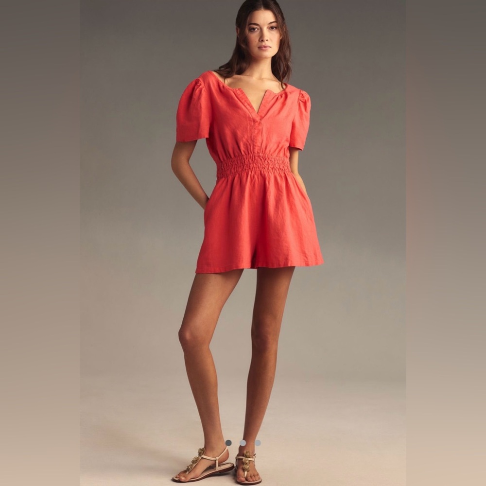 Anthropologie Linen Coral Short-Sleeve Smocked-Waist Romper With Pockets
